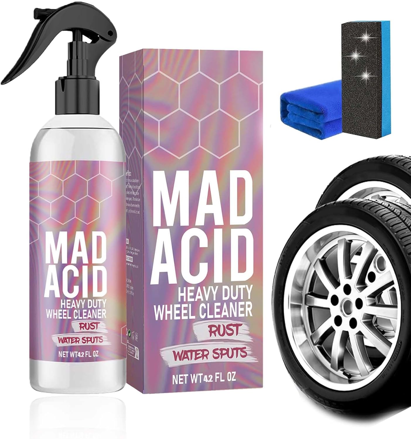 MAD ACID - Mad Acid Heavy Duty Wheel Cleaner, Mad Acid Wheel Cleaner, mad acid Water Spot Remover for Glass, Chrome, Paint, Vehicle Emblems, Wheels, Car Detailing (1 Set)
